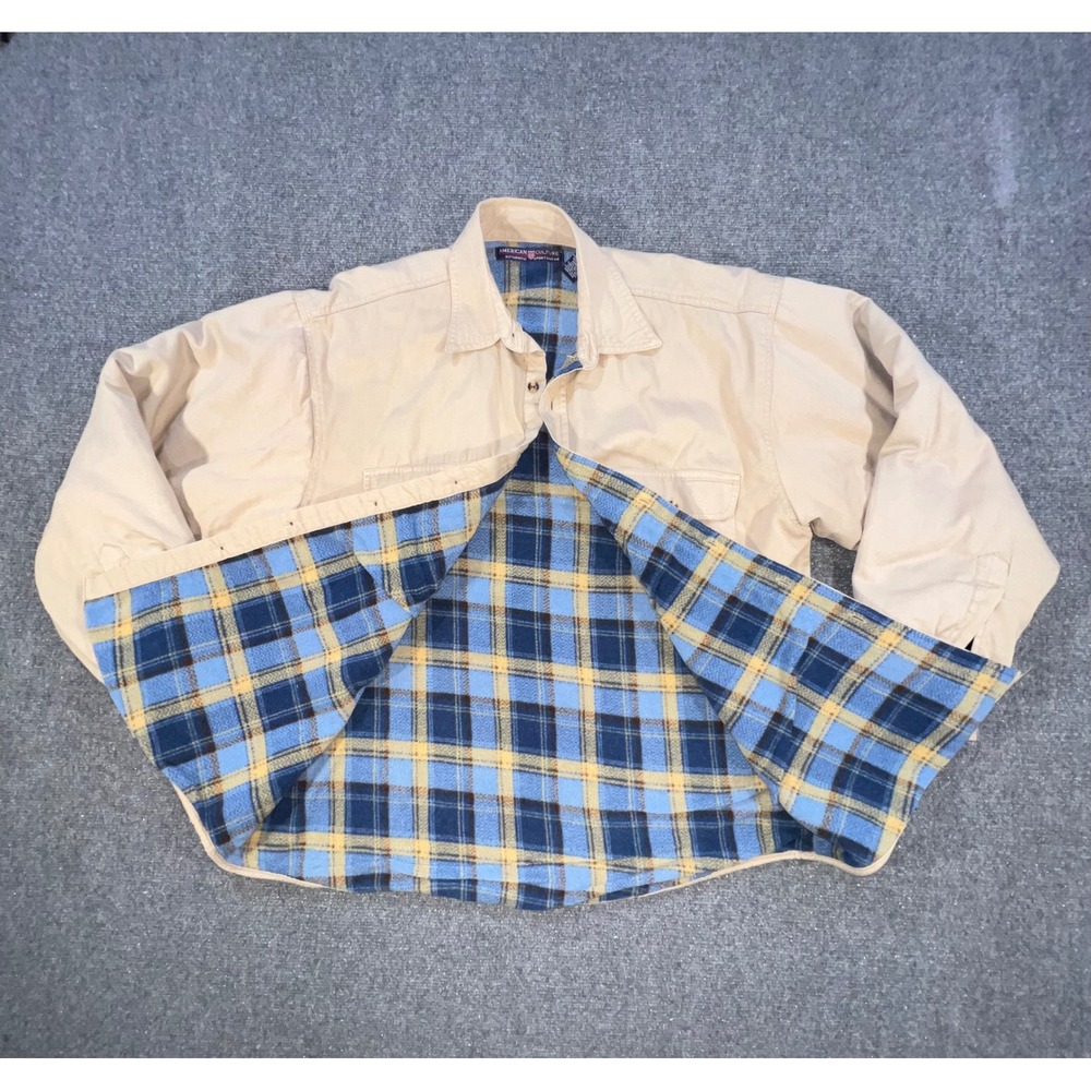American Culture Plaid Lined Shirt Jacket Mens Size Large Tan Shacket